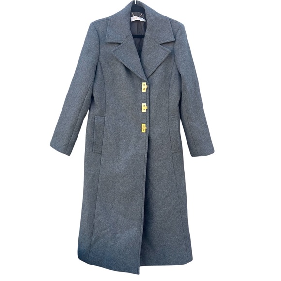 Tory Burch Runway Preppy Wool Gold Clasp Logo Gray Coat - Picture 3 of 15